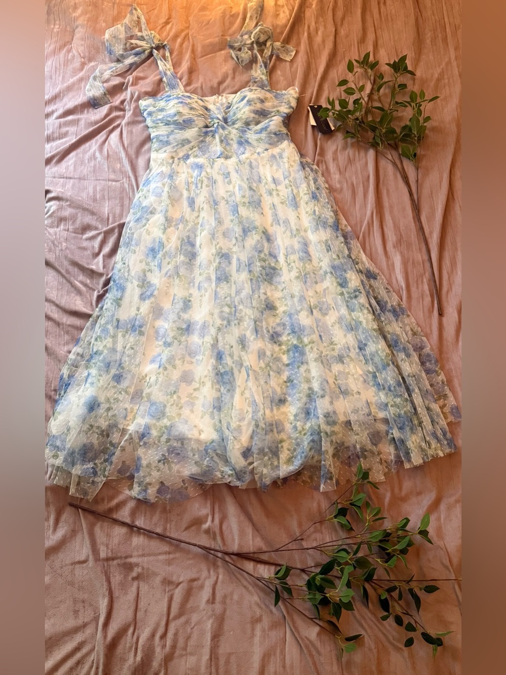 Seni & Cade Blue Floral Bow Shoulder Midi Dress • Size 9/10
